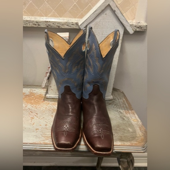 Justin Boots Mens Vintage Broken in Brown Blue 10.5 EE Cowboy Boots Rare - Picture 4 of 15